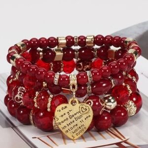 Elegant Red and Gold Beaded Stack Bracelet Set